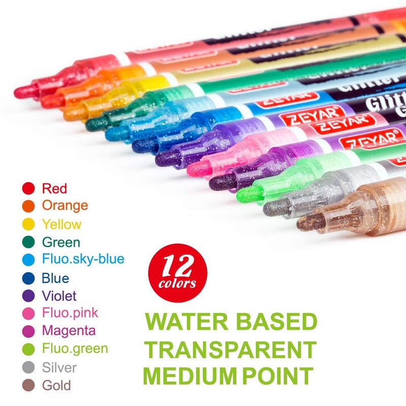 ZEYAR Glitter Paint Pens, Water-based, Medium Point, 12 Colors, Great for Greeting Card, Posters, Albums, Gift cards and ONLY Light-Colored Surfaces - Image 2